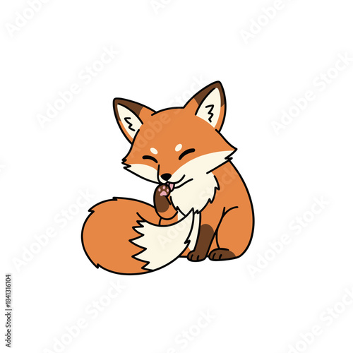 Cute cartoon fox character sitting down and licking its paw, with a happy expression and fluffy tail on white background vector illustration
