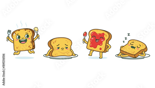 Set of cute cartoon toast slices with jam and butter showing different emotions and breakfast concepts like excited, tired, happy jam, and sleeping vector