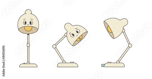 Set of cute cartoon desk lamp characters in various poses and moods, illustrating work, study, and light source concepts vector illustration