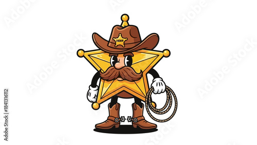 Funny Sheriff Star Character with Cowboy Hat and Lasso, Western Cartoon Style