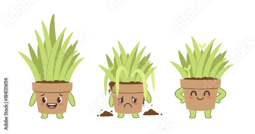 Set of cute cartoon potted plant characters showing different states: healthy, drooping/sad, and growing/happy, illustrating plant care concepts