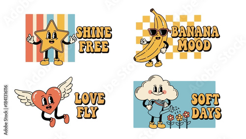 Retro Cartoon Character Illustrations Featuring Fun Fruits, Stars, Hearts, and Clouds