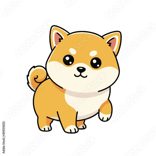 Adorable cartoon Shiba Inu puppy dog illustration with big eyes, curled tail, and a cute expression on white background vector