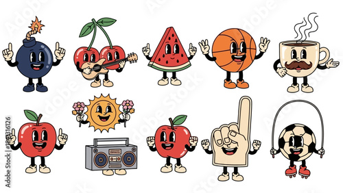 Retro Cartoon Character Set: Fruits, Sports, Bomb, Coffee Cup, Sun & Boombox