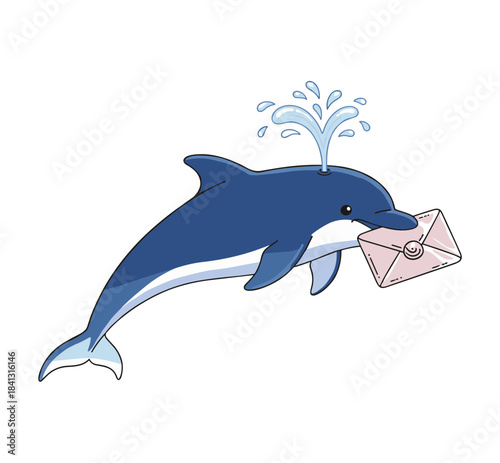 Cute cartoon dolphin swimming and happily carrying a small letter or envelope in its mouth, with water splashing from its blowhole