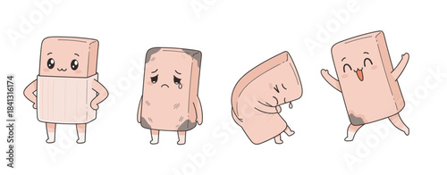 Set of cute cartoon pink eraser characters showing different emotions: new, dirty/sad, melting/worn out, and happy/jumping vector illustration