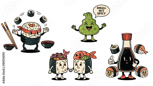 Retro Sushi Characters: A Fun Collection of Japanese Food Illustrations