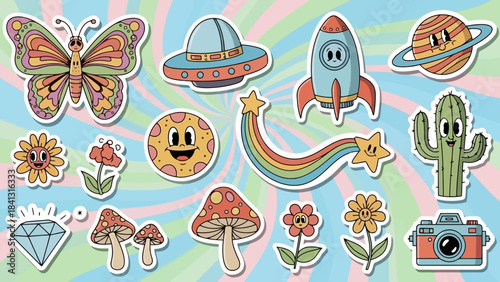 Retro Groovy Cartoon Stickers: Butterfly, Rocket, UFO, Planet, Cactus, Flowers
