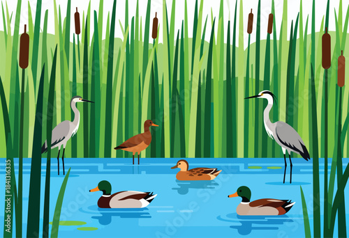 Two herons and four ducks in a marsh, surrounded by tall reeds