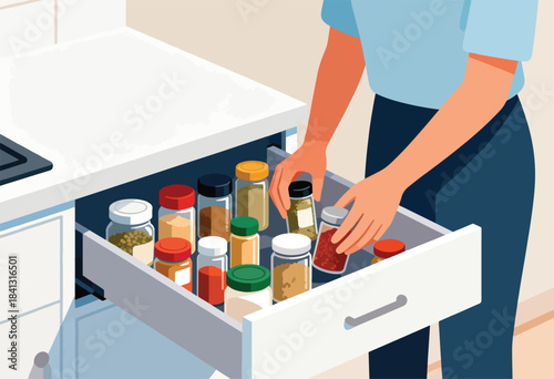 Person organizing small glass jars containing various spices and seasonings in a kitchen drawer