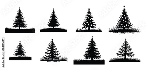 Collection of black silhouette Christmas trees with ornaments and grass
