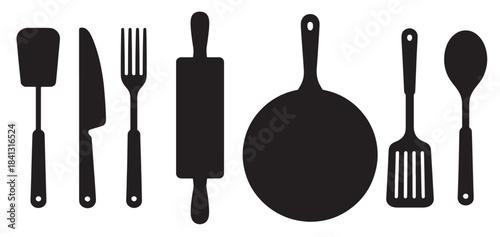 collection of black silhouette kitchen utensils on a white