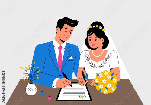 couple signing marriage license, happy, intimate moment, colorful illustration, wedding theme