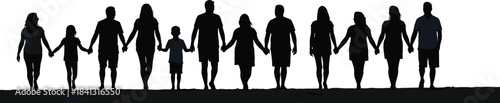 Large family group holding hands together, unity and togetherness concept, people silhouette standing in line, teamwork and community support.
