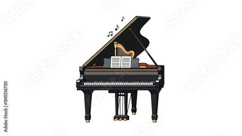A black grand piano with the lid open and music notes floating above it on a white background