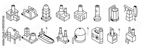 collection of fuel factory isometric line icons 