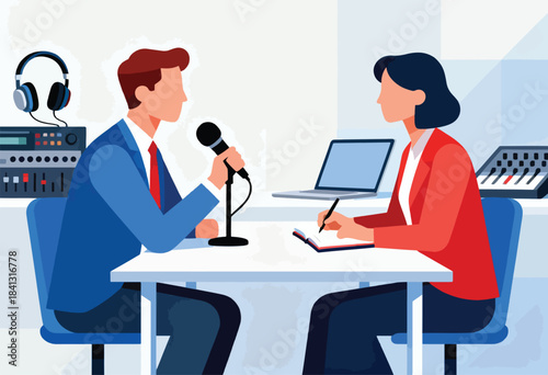 Two people sit at a desk, one speaking into a microphone, the other taking notes