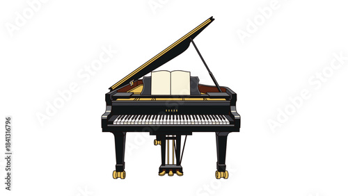 A black grand piano with the lid open on a white background, showcasing its elegant design and gold accents