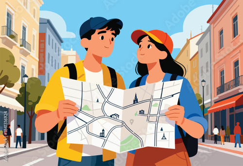 Couple holding map, exploring a European city street with colorful buildings