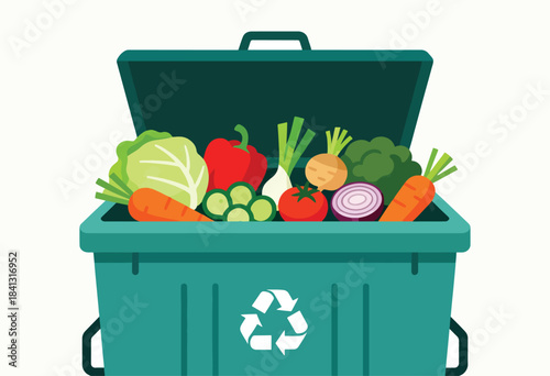 Teal bin overflowing with fresh vegetables, featuring a recycling symbol
