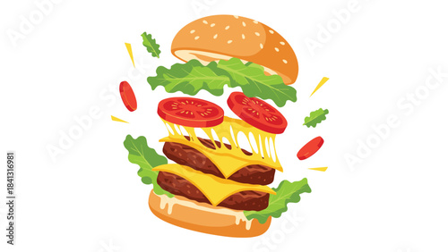 A delicious double cheeseburger with lettuce, tomato, and cheese on a sesame seed bun isolated on white background