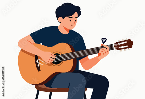 Young person playing acoustic guitar with a pick