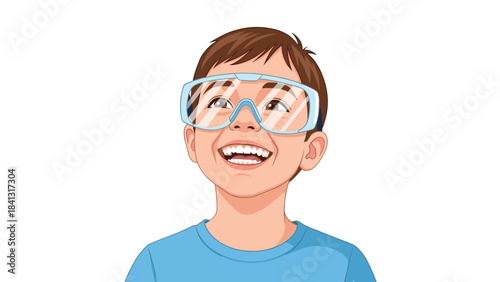 A cartoon boy wearing blue goggles on his forehead and a blue tshirt on a white background with a cheerful expression