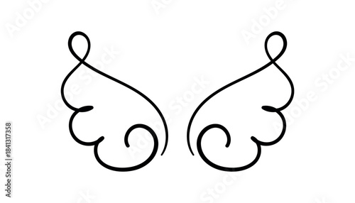 Elegant swirl wings line art illustration Minimalist black swirl doodle handdrawn wing design with graceful, abstract look. Perfect for tattoos, logos, or decorative graphics