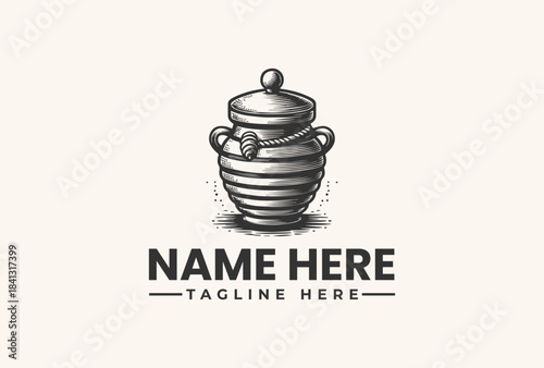 Rustic honey pot jar logo vector illustration in hand-drawn style, perfect for organic food, natural products, or farm-to-table branding, ready as an EPS design asset