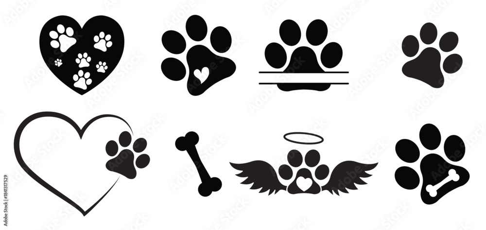 Fototapeta premium heart paw icon vector set dog paw illustration sign