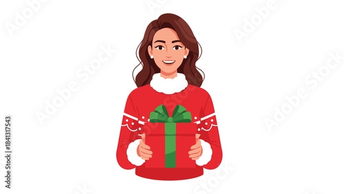 A smiling woman wearing a red christmas sweater holding a wrapped gift with a green bow isolated on white background