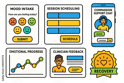 Mental health app interface with mood tracking and support chat features