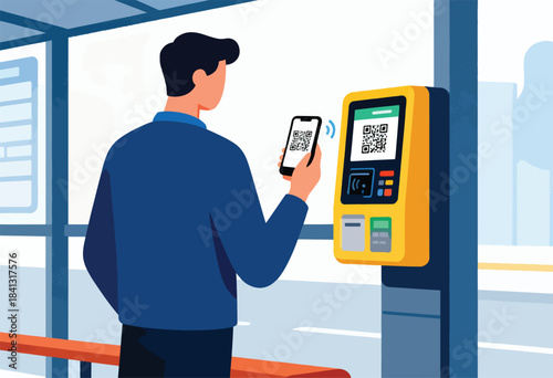 Person paying for transport using a mobile phone QR code scan at a kiosk