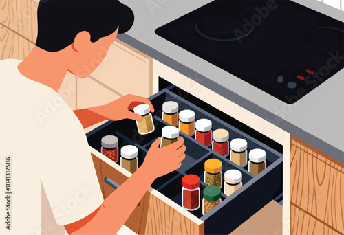 Person organizing a drawer full of spice jars next to a stove