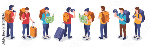isometric travel enthusiasts exploring with maps and cameras