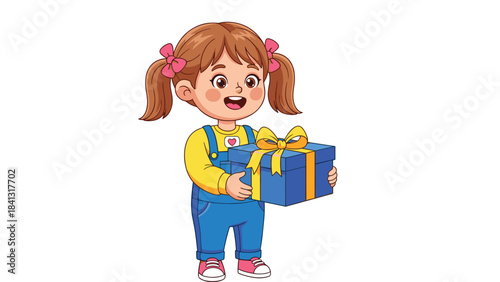 A cheerful little girl in blue overalls holding a wrapped blue gift box with a yellow ribbon tied around it