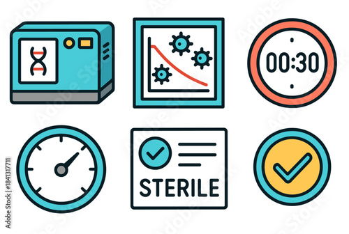 Medical equipment icons: dna analyzer, sterile certificate, timer, gauges, check marks