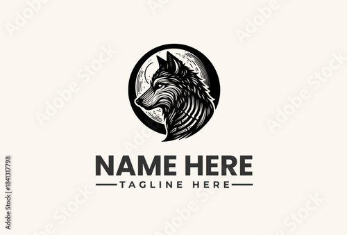 Classic Wolf Logo Vector Illustration Design with Moon in Circle Emblem