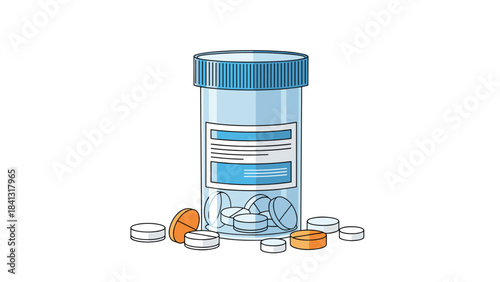 A clear plastic pill bottle with a blue cap and scattered pills around it on a white surface, medication container with orange and white capsules