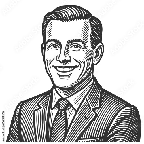 cheerful male marketer in a business suit and tie sketch engraving generative ai fictional character vector illustration. Scratch board imitation. Black and white image.