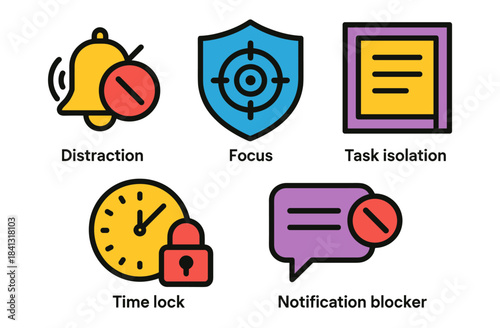 Time management icons: distraction, focus, task isolation, time lock, notification blocker