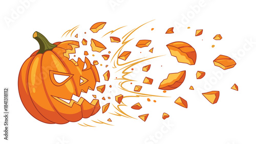 A cartoon jackolantern exploding into pieces on a white background with a spooky face