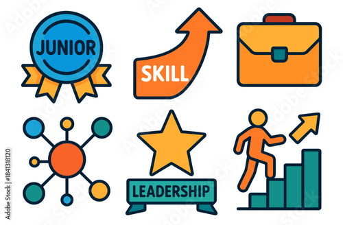 Career growth icons with skill arrows and leadership symbols