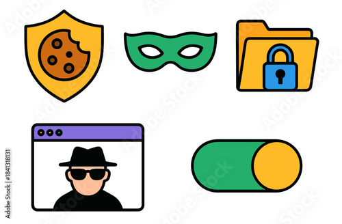 Internet privacy and security icons: shield mask lock hat toggle