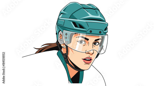 A female hockey player wearing a green helmet and protective gear on her face, looking determined on the ice rink with a strong expression