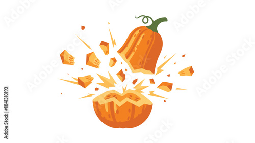 A vibrant orange pumpkin exploding into pieces on a white background with green stem attached to top part