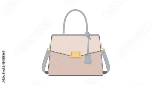 A stylish pink handbag with gray and gold accents isolated on white background