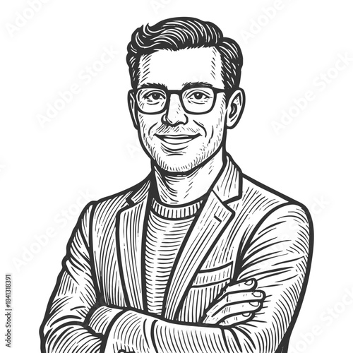 smiling male product manager in glasses and blazer with arms crossed sketch engraving generative ai fictional character vector illustration. Scratch board imitation. Black and white image.