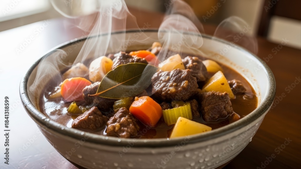 Fototapeta premium Steaming Hot Beef Stew with Vegetables in a Ceramic Bowl.