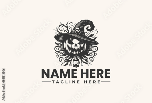 Spooky Halloween Pumpkin Witch Hat Logo Vector Illustration with Vintage Floral Ornaments, Old Lantern, and Engraved Design Style for Autumn Celebrations